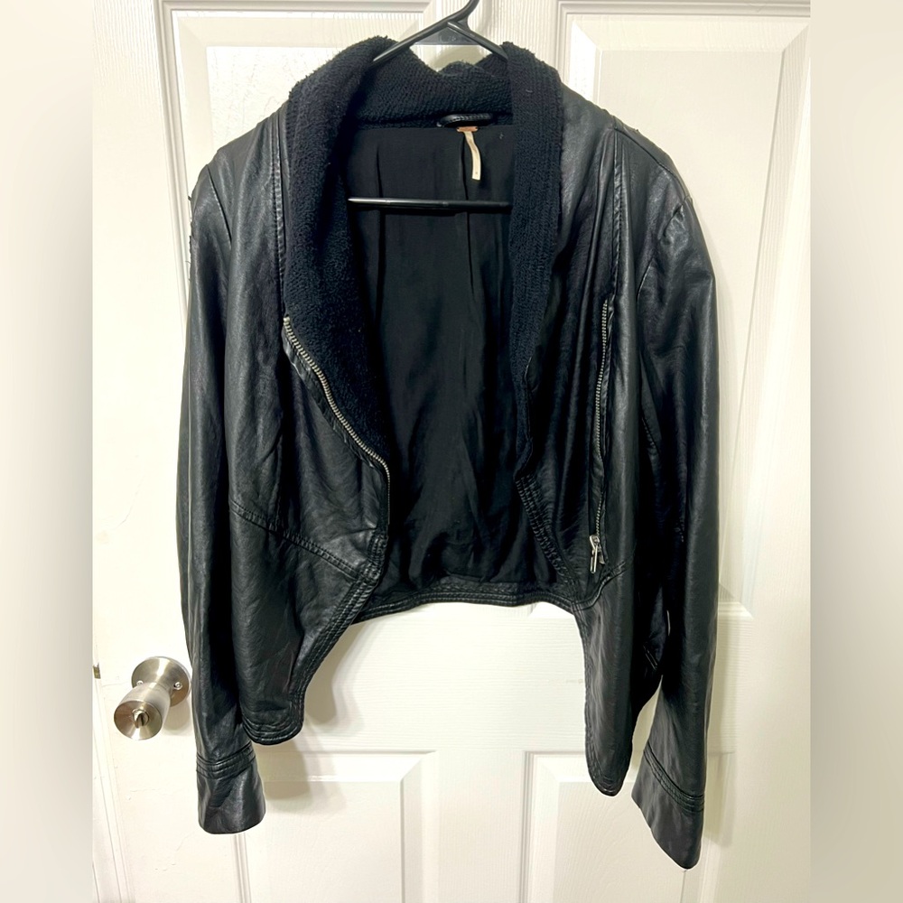 Free People Faux Leather Moto Jacket, fur lined at collar